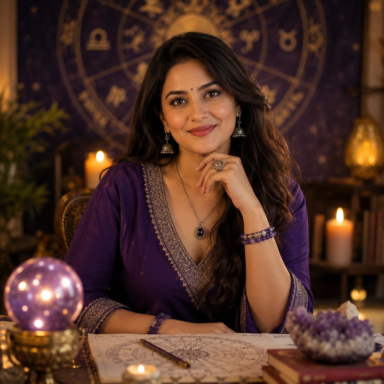 Mira, reading a birth chart by candlelight
